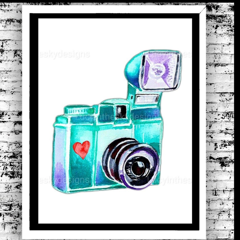 Cheerful Watercolor Camera Teal Red Heart Photography Love Art Print